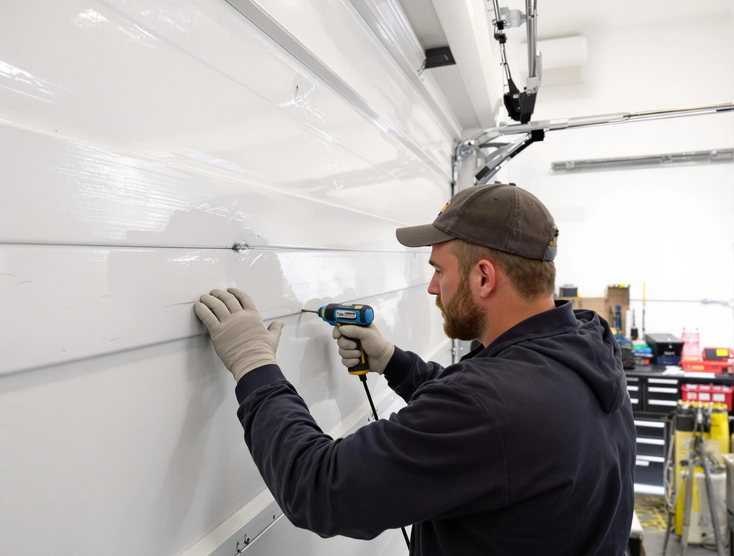 Pleasant Grove Garage Door Repair technician demonstrating precision dent removal techniques on a Pleasant Grove garage door